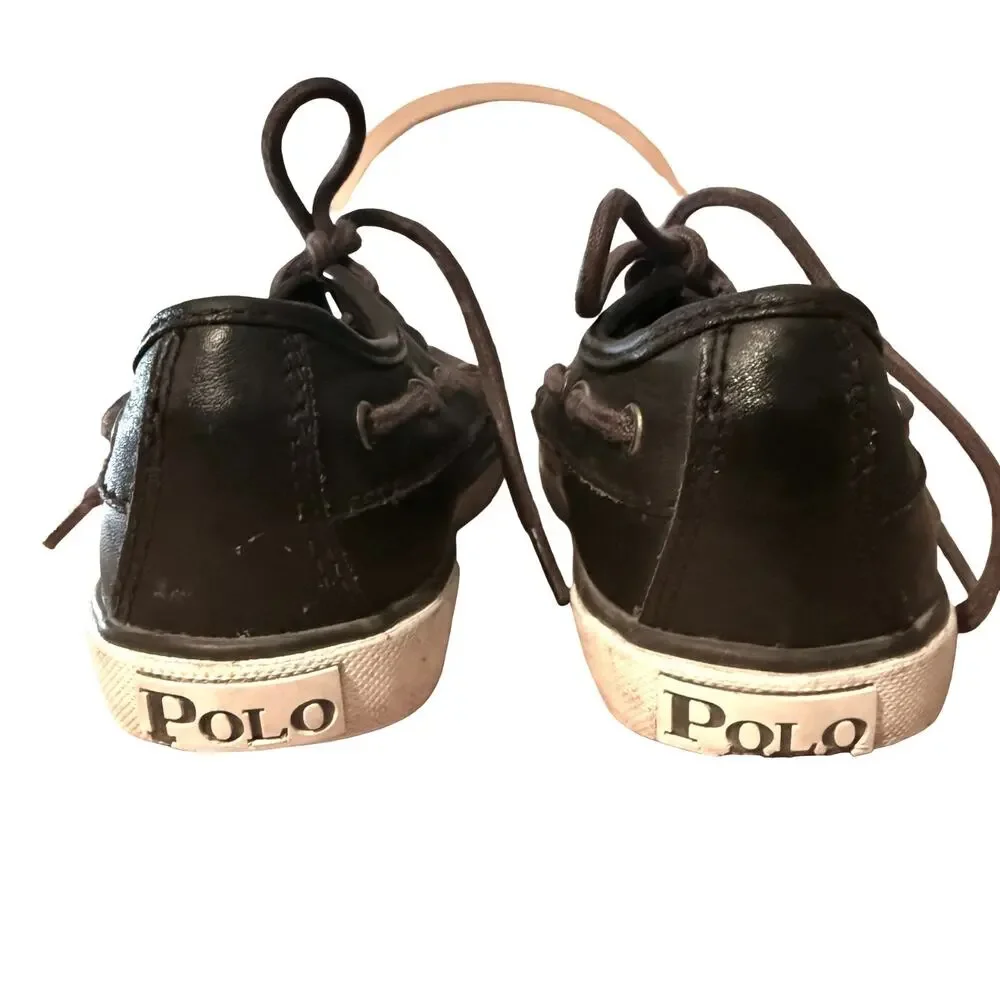 Polo Ralph Lauren Boys Leather & Canvas Dark Brown Boat Shoes Preppy Lace Up 9.5